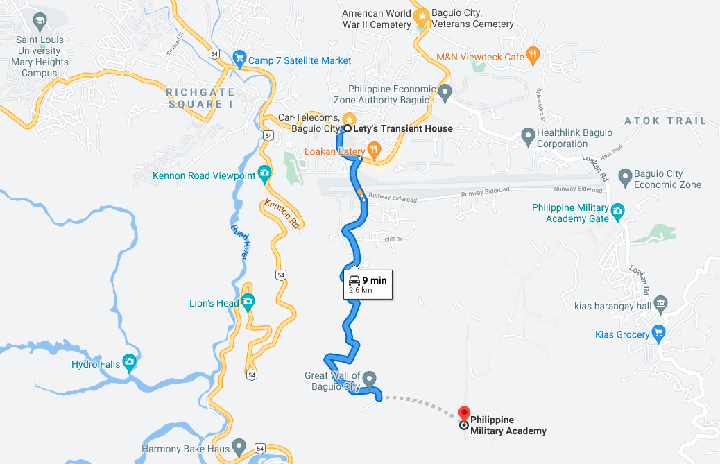 Lety's Transient House facility in Loakan Airport 🌲🌲🌲 is only 2.6km drive 🚗 away from Philippine Military Academy, Military school. 